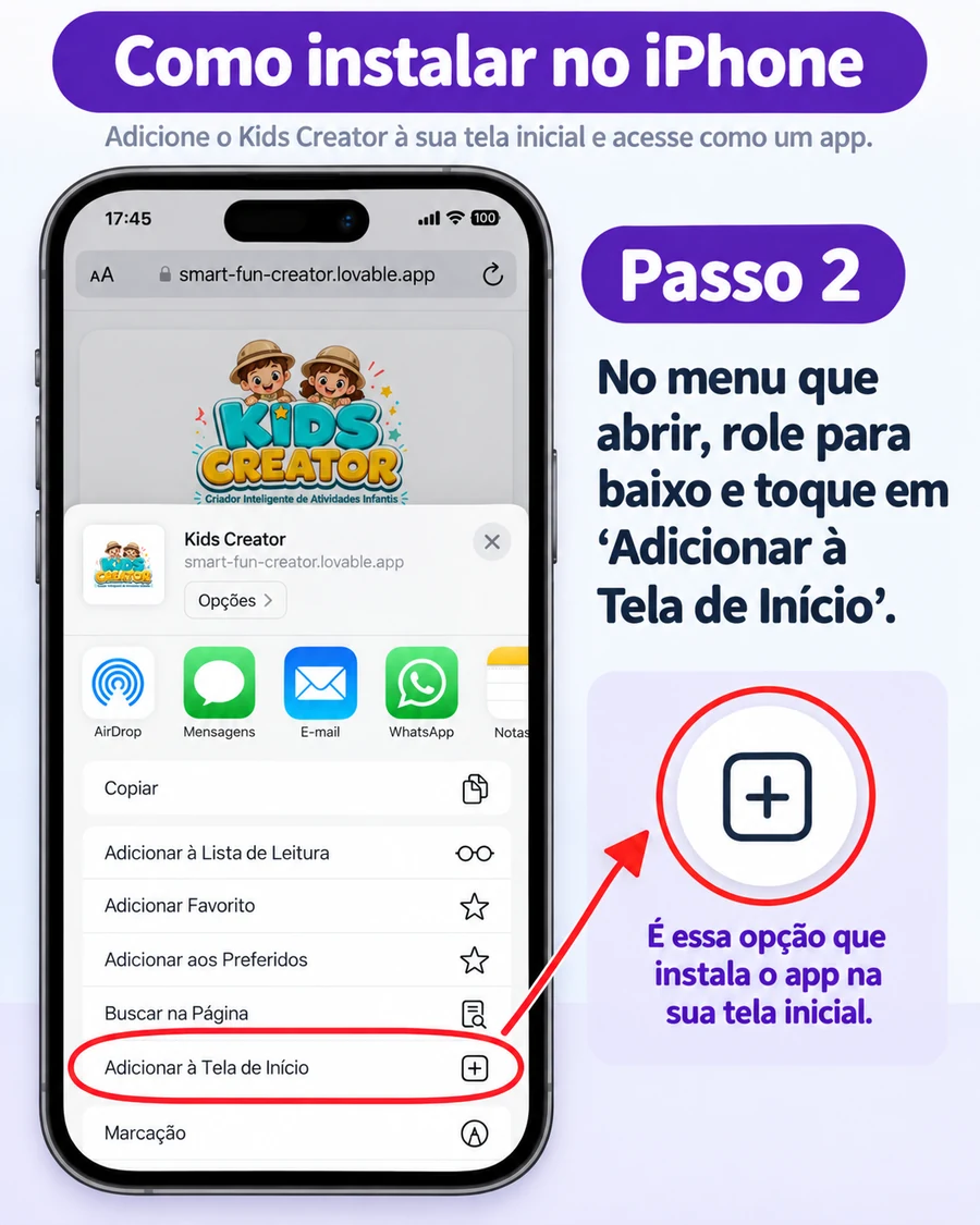 Passo 2 no iPhone: selecionar Adicionar à Tela de Início