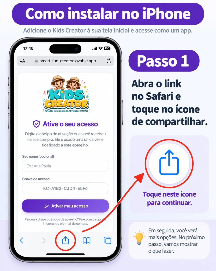 Passo 1 no iPhone: abrir o link no Safari e tocar em compartilhar