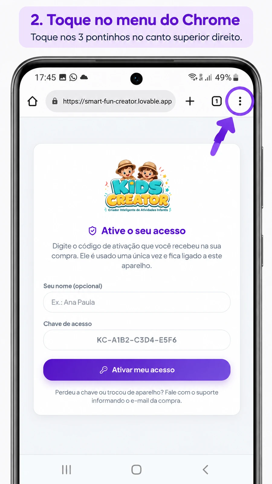 Passo 2 no Android: tocar no menu do Chrome