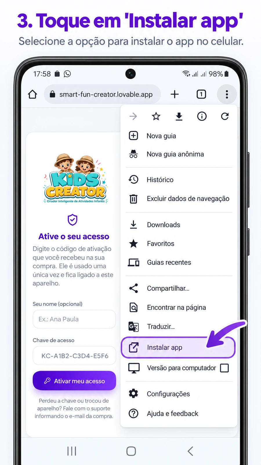 Passo 3 no Android: selecionar Instalar app