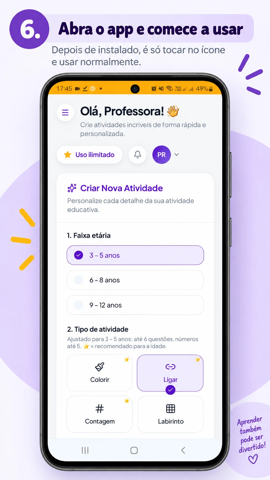 Passo 6 no Android: abrir o Kids Creator e começar a usar