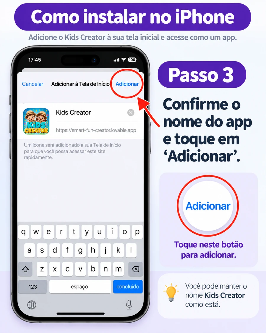 Passo 3 no iPhone: confirmar o nome e tocar em Adicionar
