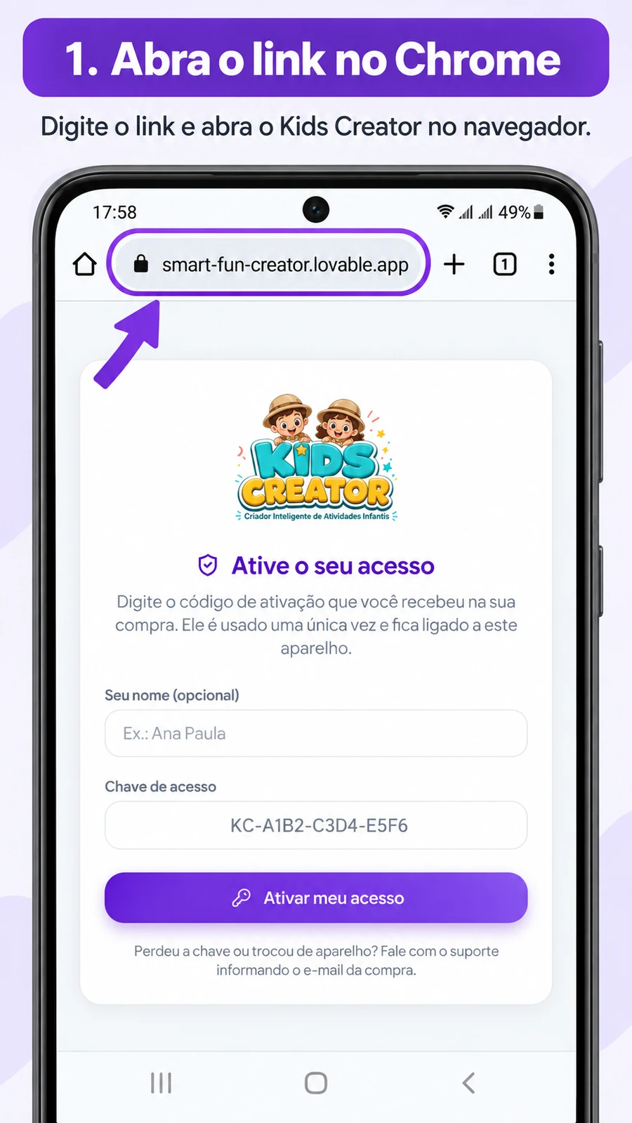 Passo 1 no Android: abrir o link do Kids Creator no Chrome
