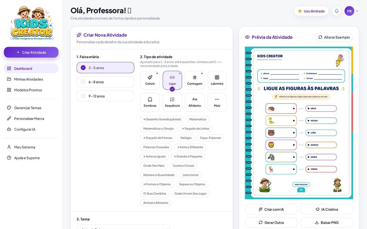 Painel do Kids Creator com prévia da atividade